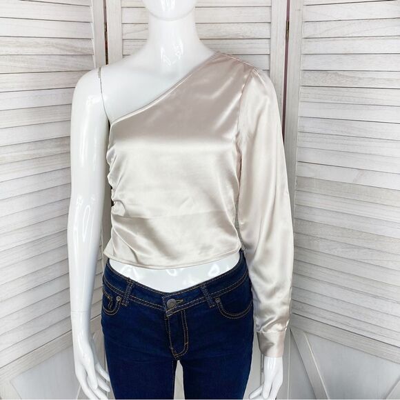 NA-KD Reborn Satin Shirred Side One Shoulder Crop Top Ivory XS 34 - Picture 2 of 16